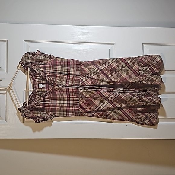 Converse Dresses & Skirts - Converse Short Sleeve Plaid Earth Tone Cotton Ruffle Trim Dress Size M